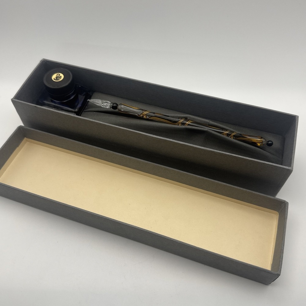 Vintage Glass Calligraphy Dip Pen Set Hand-Blown Amber Black w/ Pelikan Ink